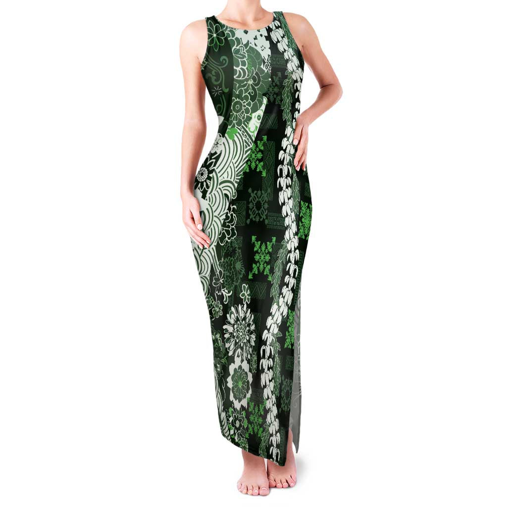 Hawaii Puakenikeni and Maile Lei Family Matching Tank Maxi Dress and Hawaiian Shirt Green Japanese Wave Style LT9 Mom's Dress Green - Polynesian Pride