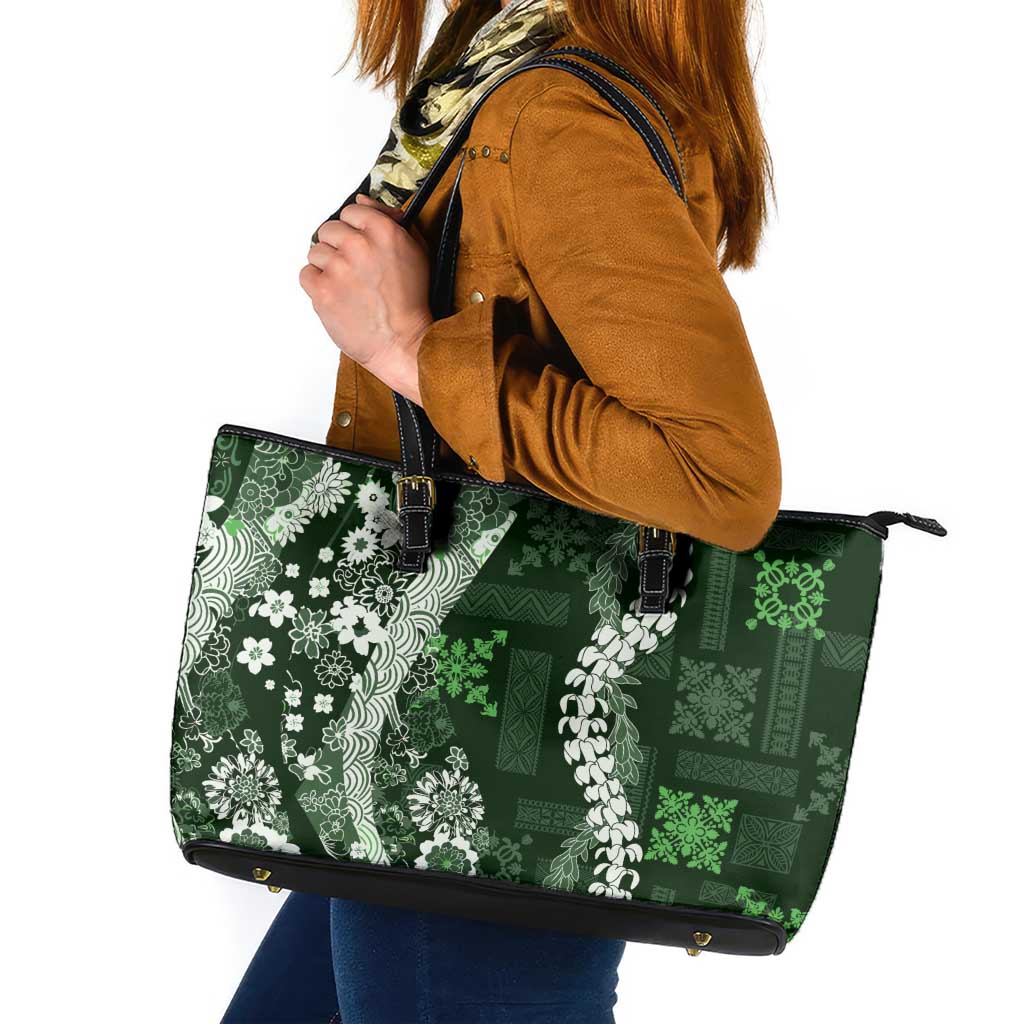 Hawaii Puakenikeni and Maile Lei Leather Tote Bag Green Japanese Wave Style LT9 Green - Polynesian Pride