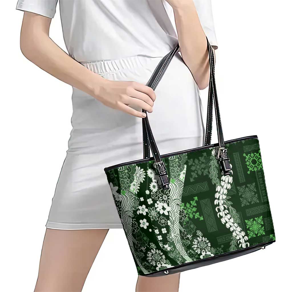 Hawaii Puakenikeni and Maile Lei Leather Tote Bag Green Japanese Wave Style LT9 - Polynesian Pride