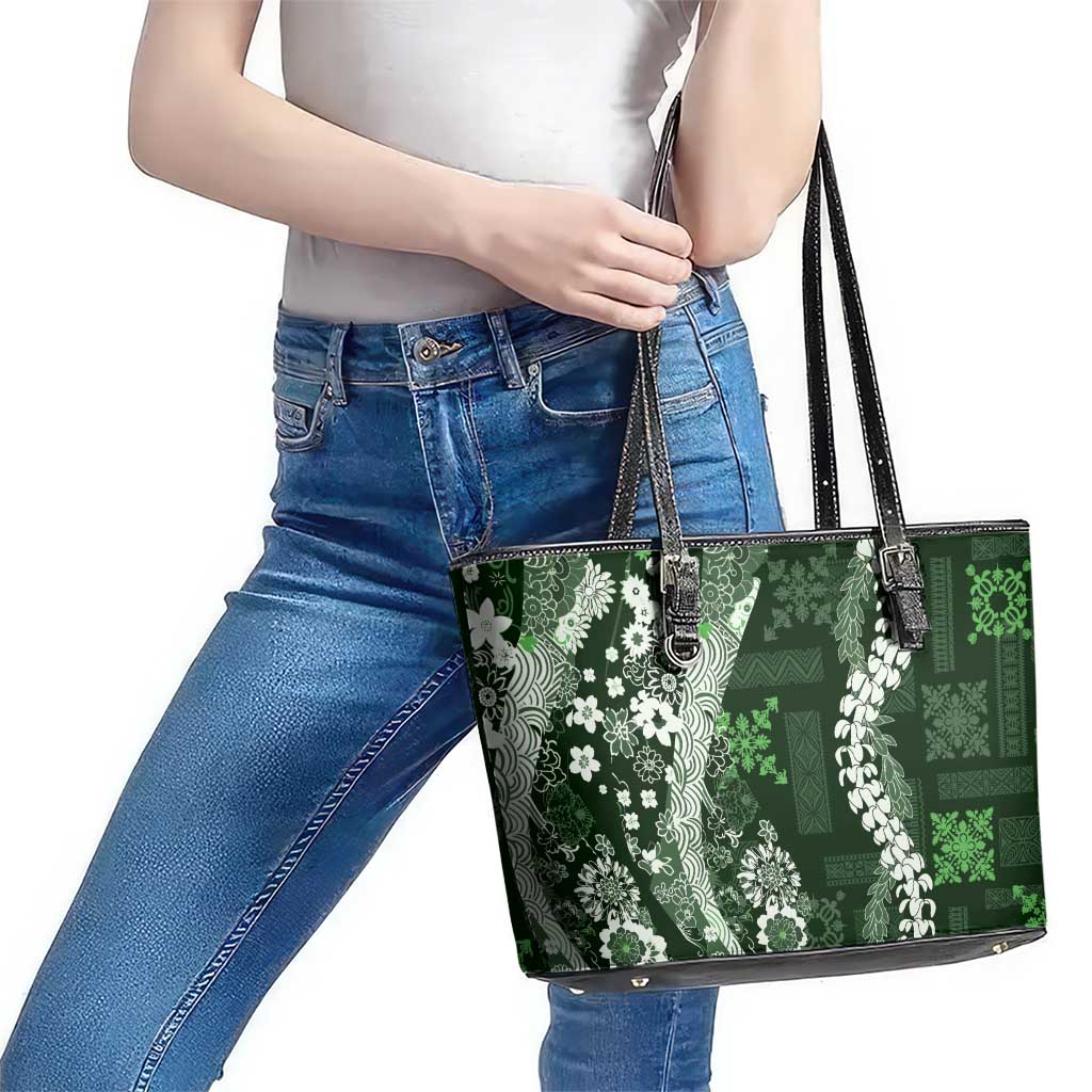 Hawaii Puakenikeni and Maile Lei Leather Tote Bag Green Japanese Wave Style LT9 - Polynesian Pride