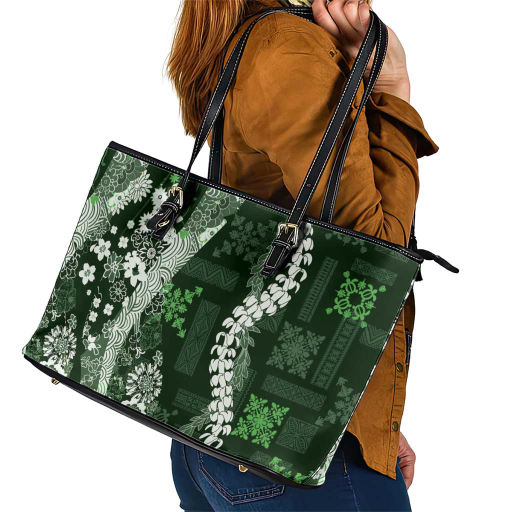 Hawaii Puakenikeni and Maile Lei Leather Tote Bag Green Japanese Wave Style LT9 - Polynesian Pride