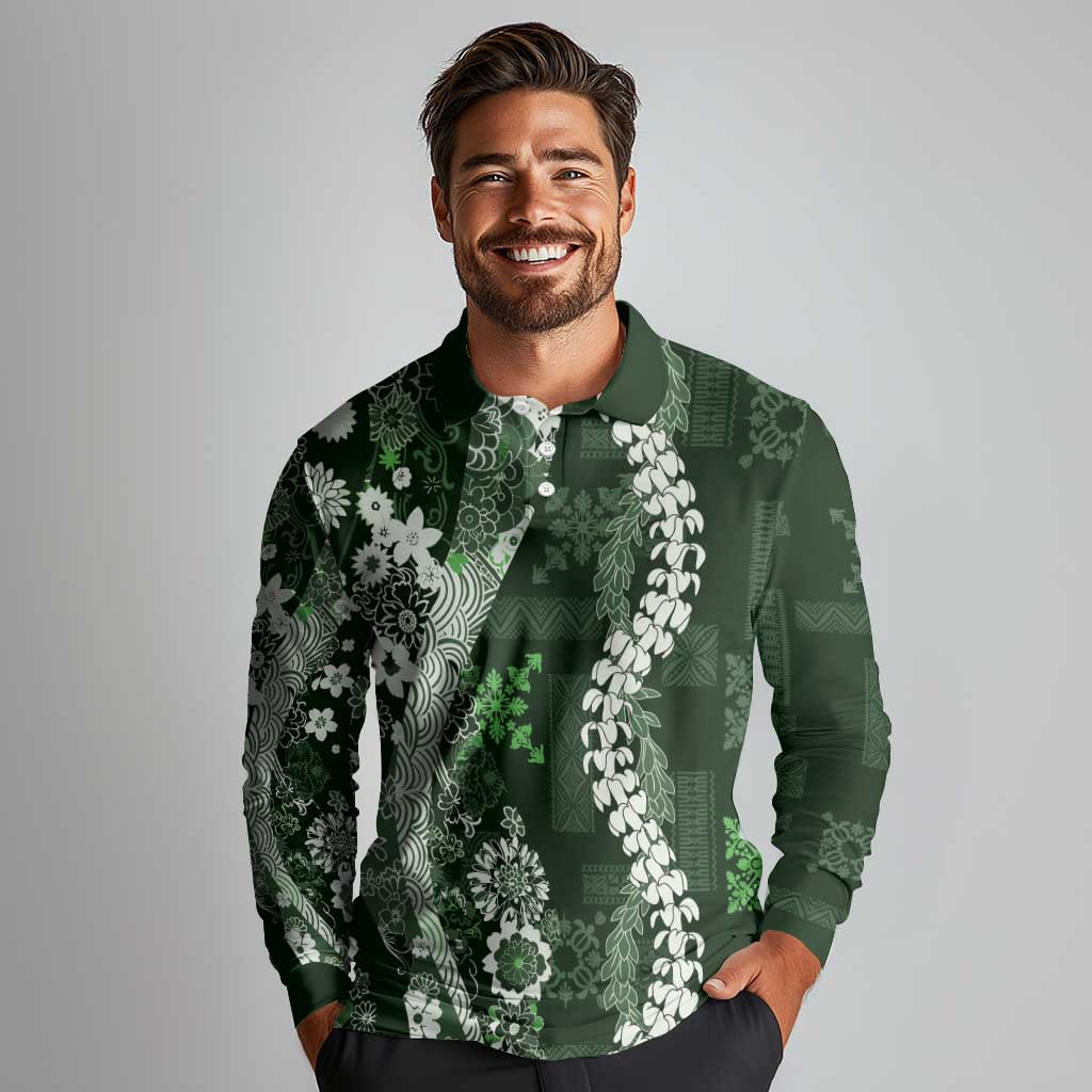 Hawaii Puakenikeni and Maile Lei Long Sleeve Polo Shirt Green Japanese Wave Style - Polynesian Pride