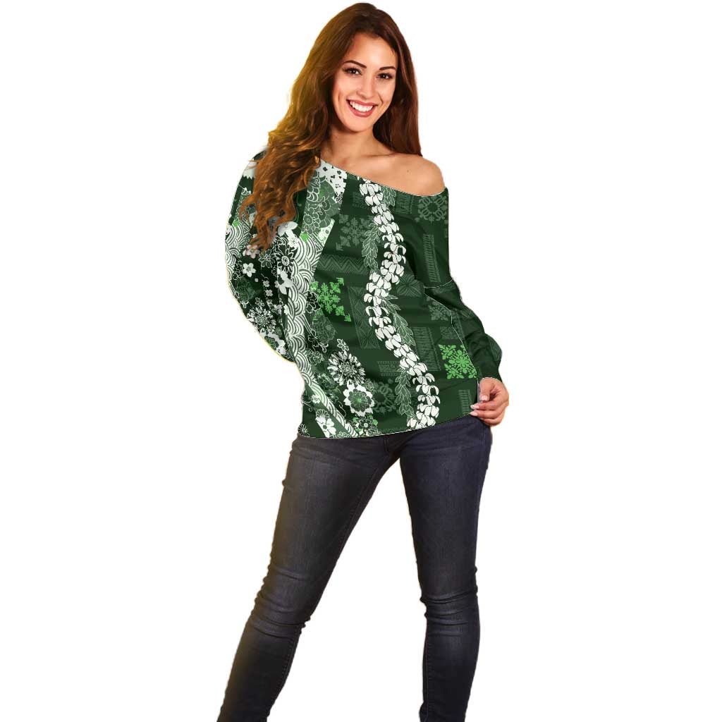 Hawaii Puakenikeni and Maile Lei Off Shoulder Sweater Green Japanese Wave Style - Polynesian Pride