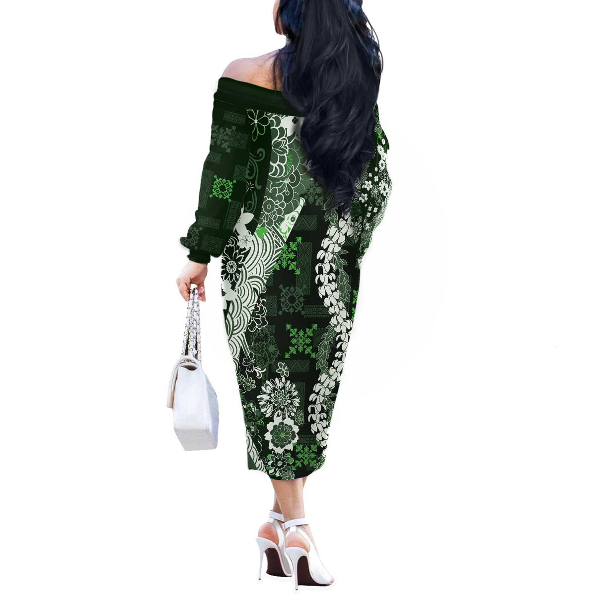 Hawaii Puakenikeni and Maile Lei Off The Shoulder Long Sleeve Dress Green Japanese Wave Style - Polynesian Pride