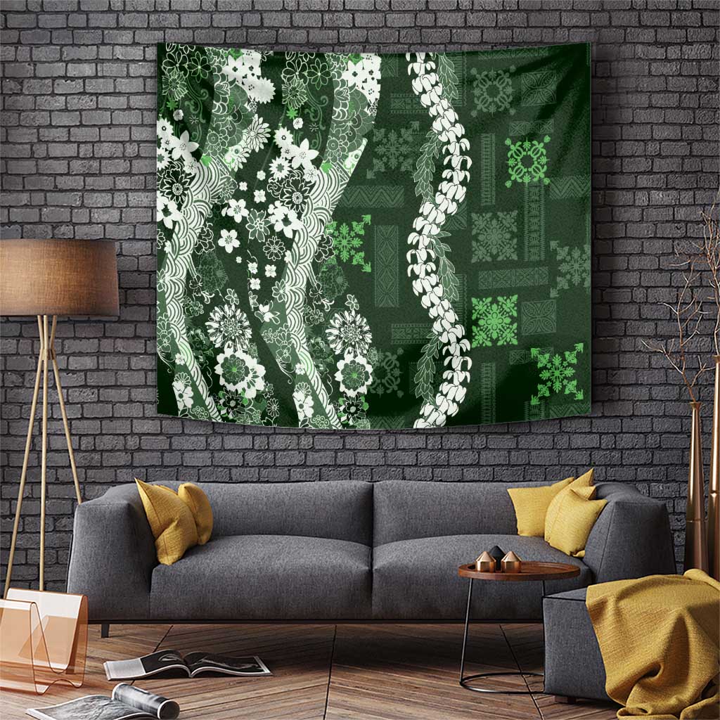 Hawaii Puakenikeni and Maile Lei Tapestry Green Japanese Wave Style LT9 Green - Polynesian Pride