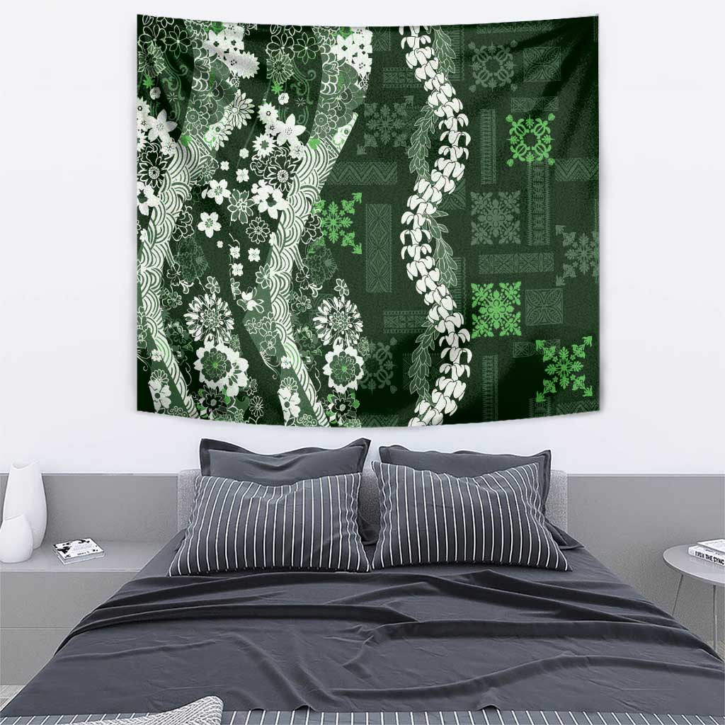 Hawaii Puakenikeni and Maile Lei Tapestry Green Japanese Wave Style LT9 - Polynesian Pride
