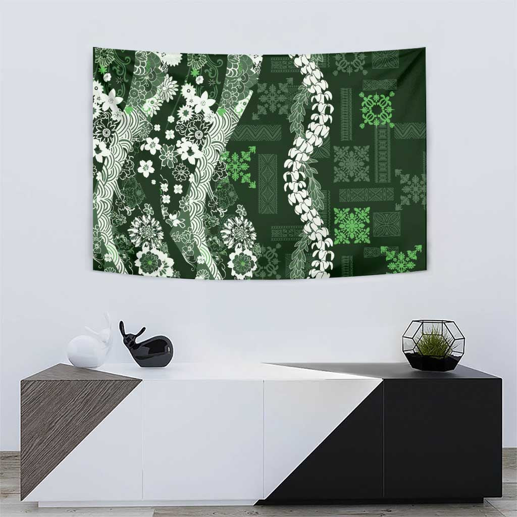 Hawaii Puakenikeni and Maile Lei Tapestry Green Japanese Wave Style LT9 - Polynesian Pride