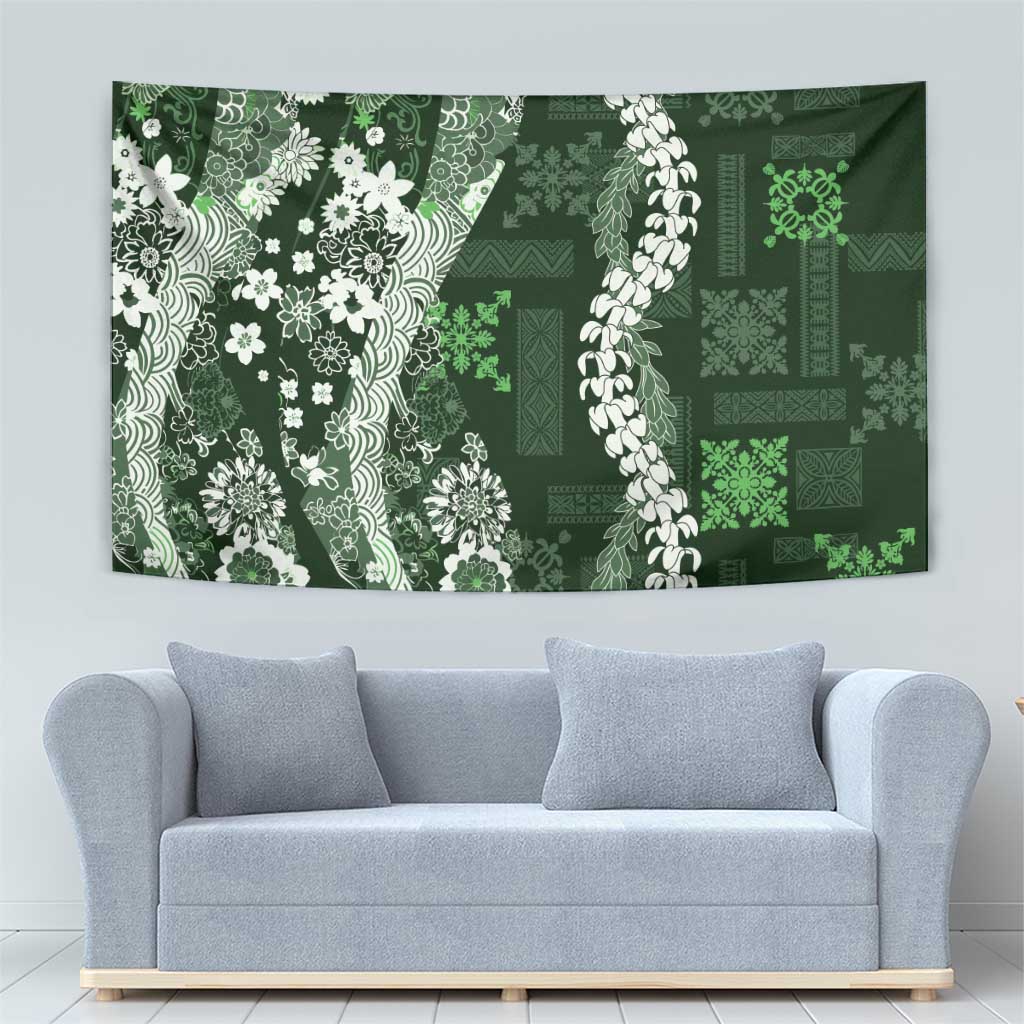 Hawaii Puakenikeni and Maile Lei Tapestry Green Japanese Wave Style LT9 - Polynesian Pride