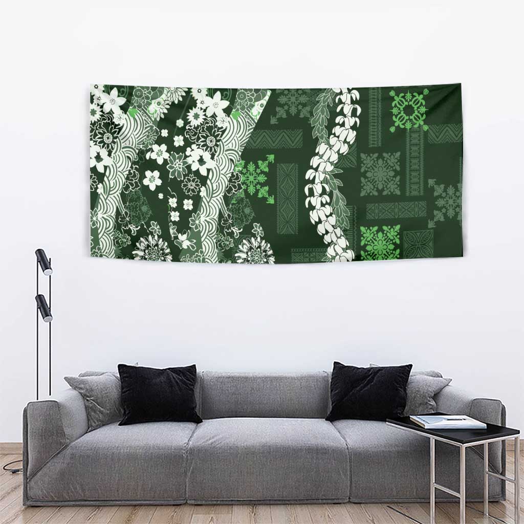 Hawaii Puakenikeni and Maile Lei Tapestry Green Japanese Wave Style LT9 - Polynesian Pride