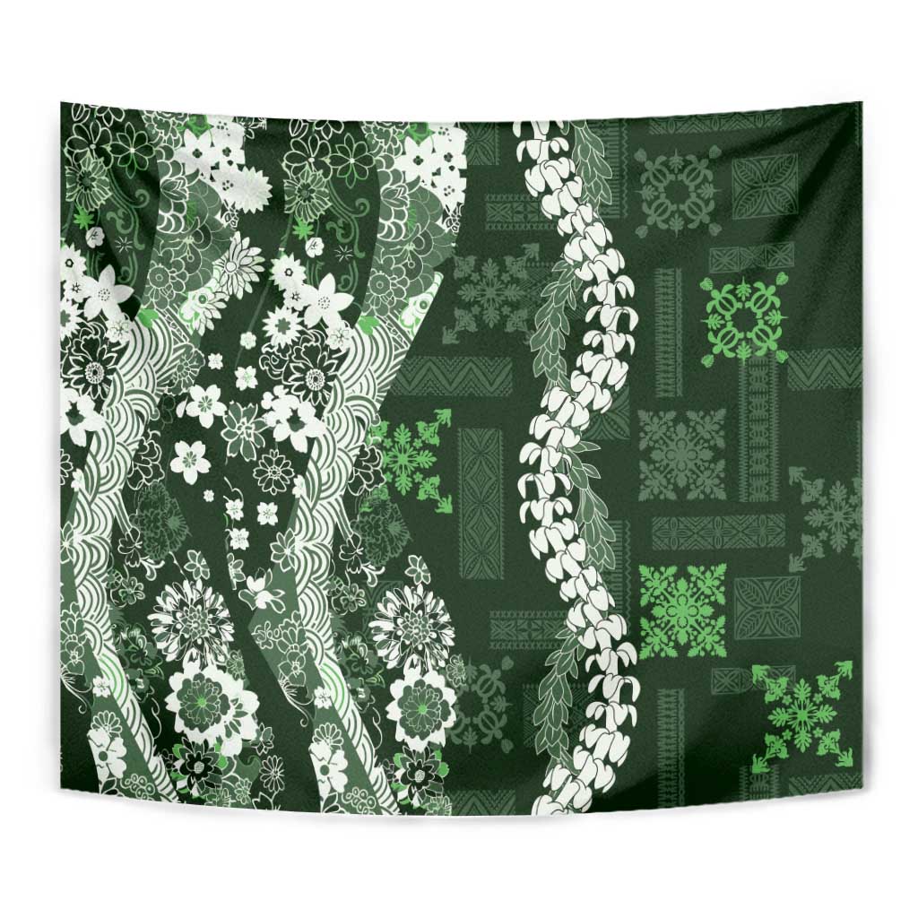 Hawaii Puakenikeni and Maile Lei Tapestry Green Japanese Wave Style LT9 - Polynesian Pride