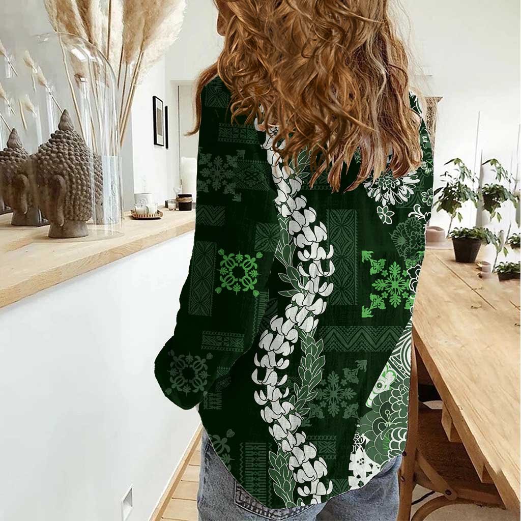Hawaii Puakenikeni and Maile Lei Women Casual Shirt Green Japanese Wave Style - Polynesian Pride