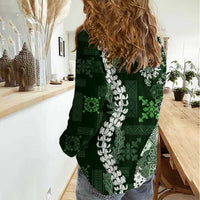 Hawaii Puakenikeni and Maile Lei Women Casual Shirt Green Japanese Wave Style - Polynesian Pride