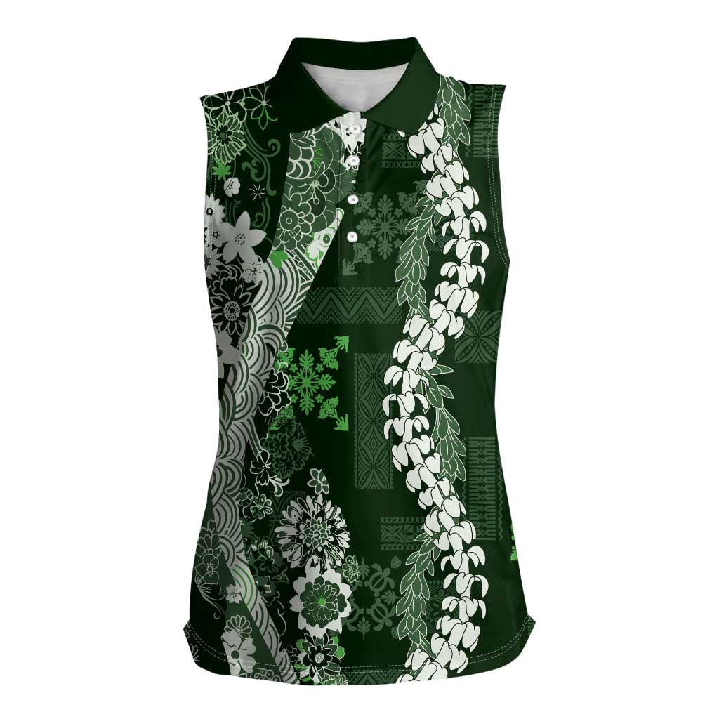 Hawaii Puakenikeni and Maile Lei Women Sleeveless Polo Shirt Green Japanese Wave Style LT9 Female Green - Polynesian Pride