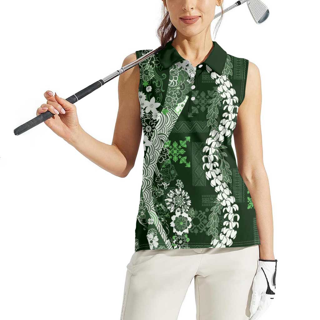 Hawaii Puakenikeni and Maile Lei Women Sleeveless Polo Shirt Green Japanese Wave Style LT9 - Polynesian Pride