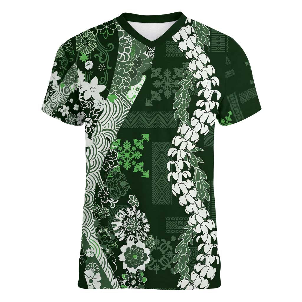 Hawaii Puakenikeni and Maile Lei Women V-Neck T-Shirt Green Japanese Wave Style - Polynesian Pride