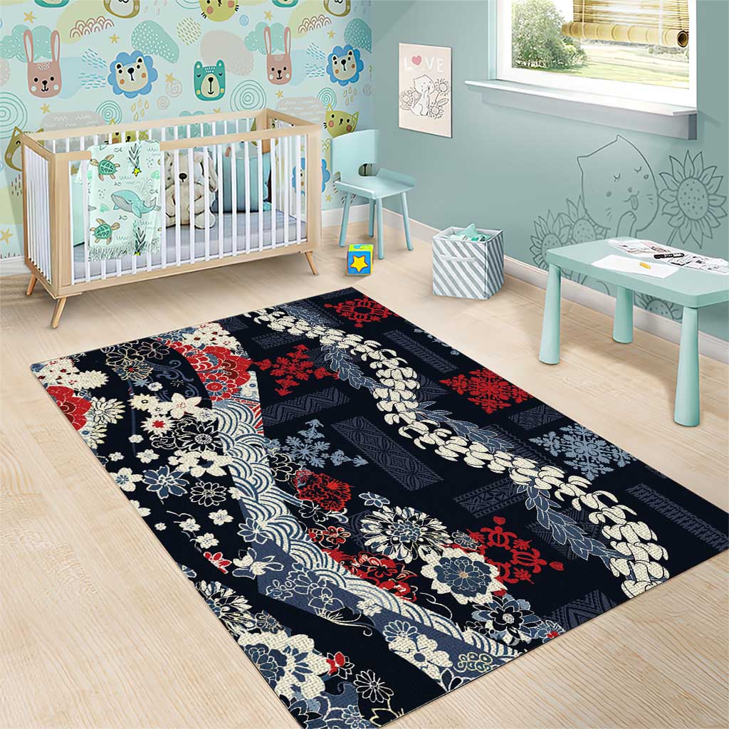 Hawaii Puakenikeni and Maile Lei Area Rug Navy Blue Japanese Wave Style - Polynesian Pride
