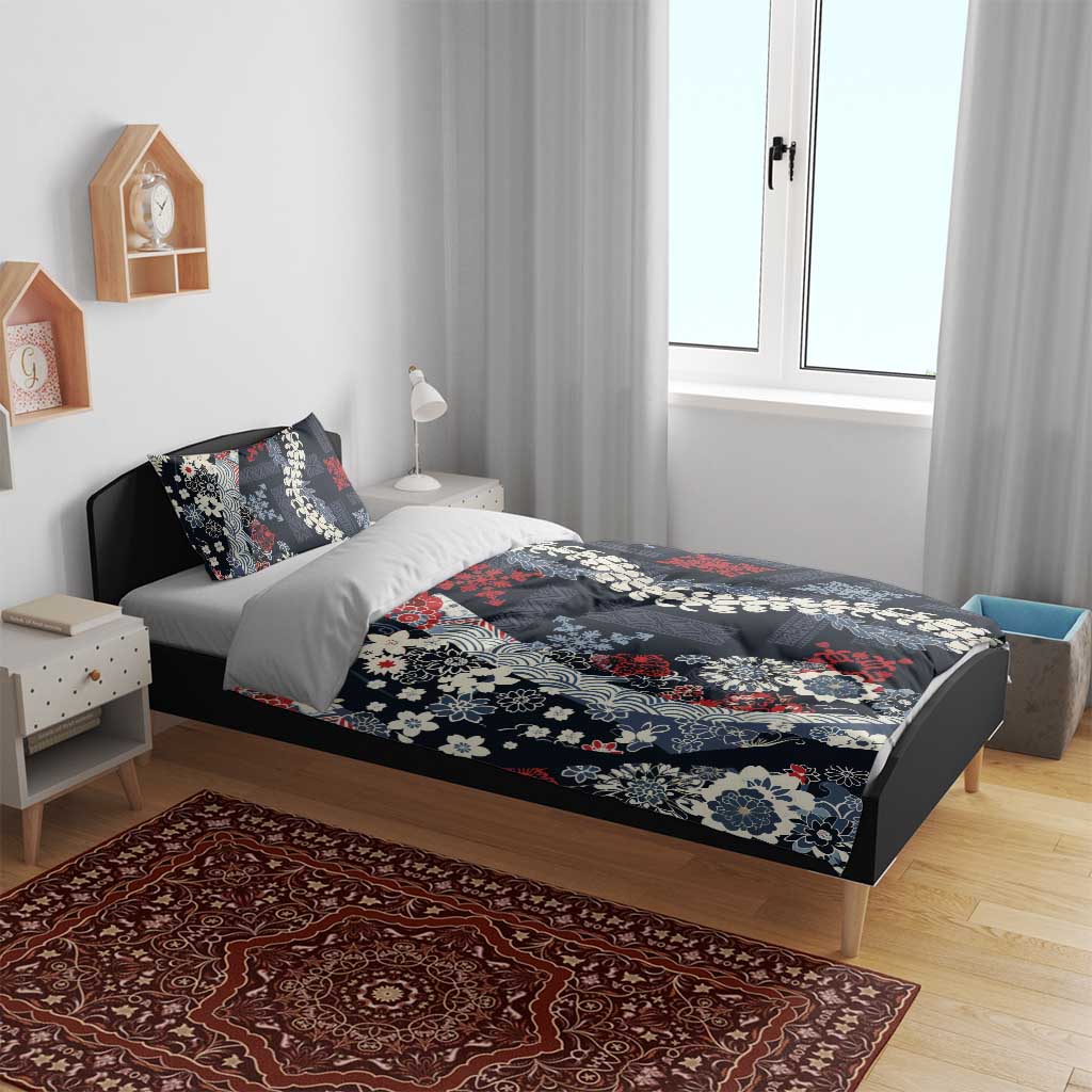 Hawaii Puakenikeni and Maile Lei Bedding Set Navy Blue Japanese Wave Style - Polynesian Pride