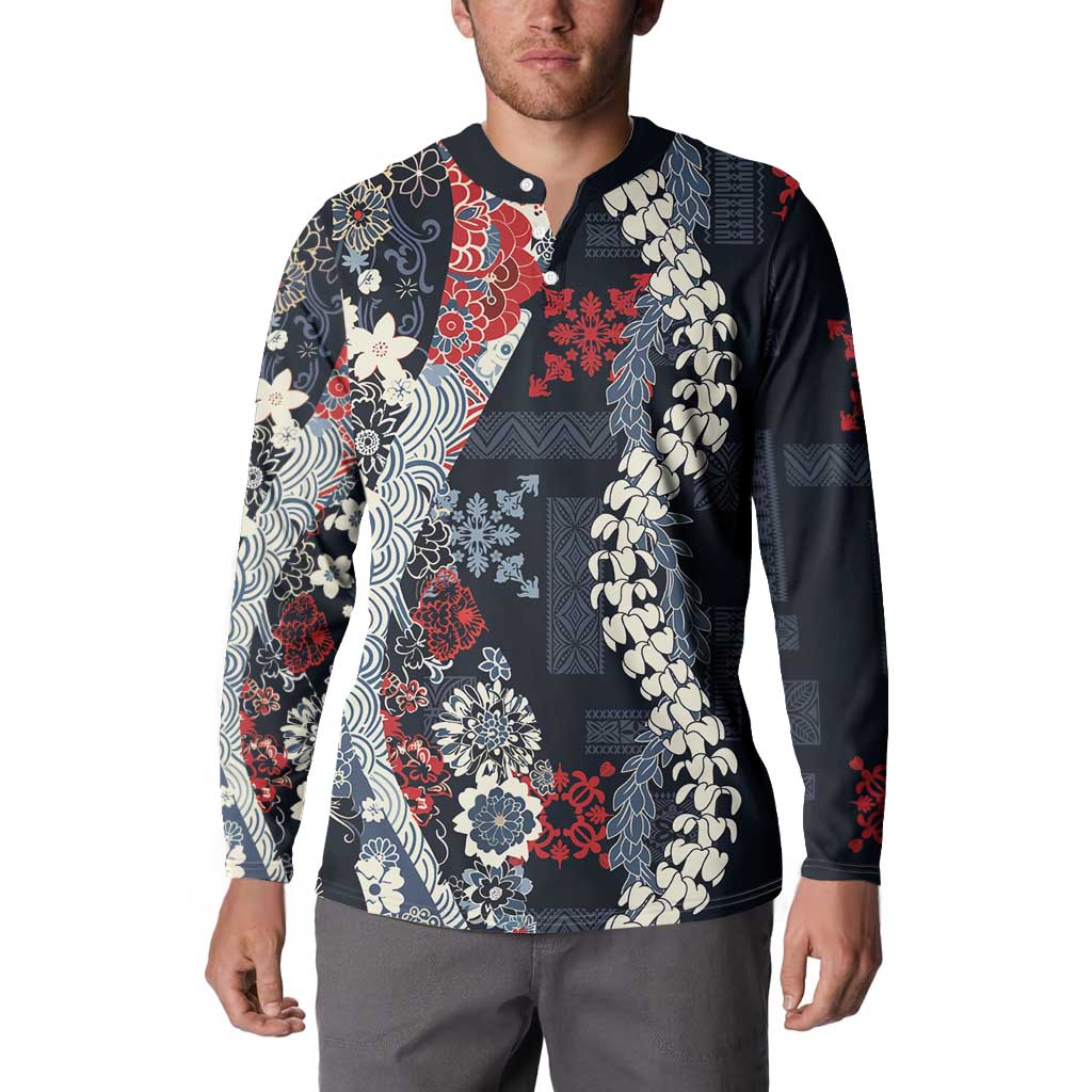 Hawaii Puakenikeni and Maile Lei Button Sweatshirt Navy Blue Japanese Wave Style - Polynesian Pride