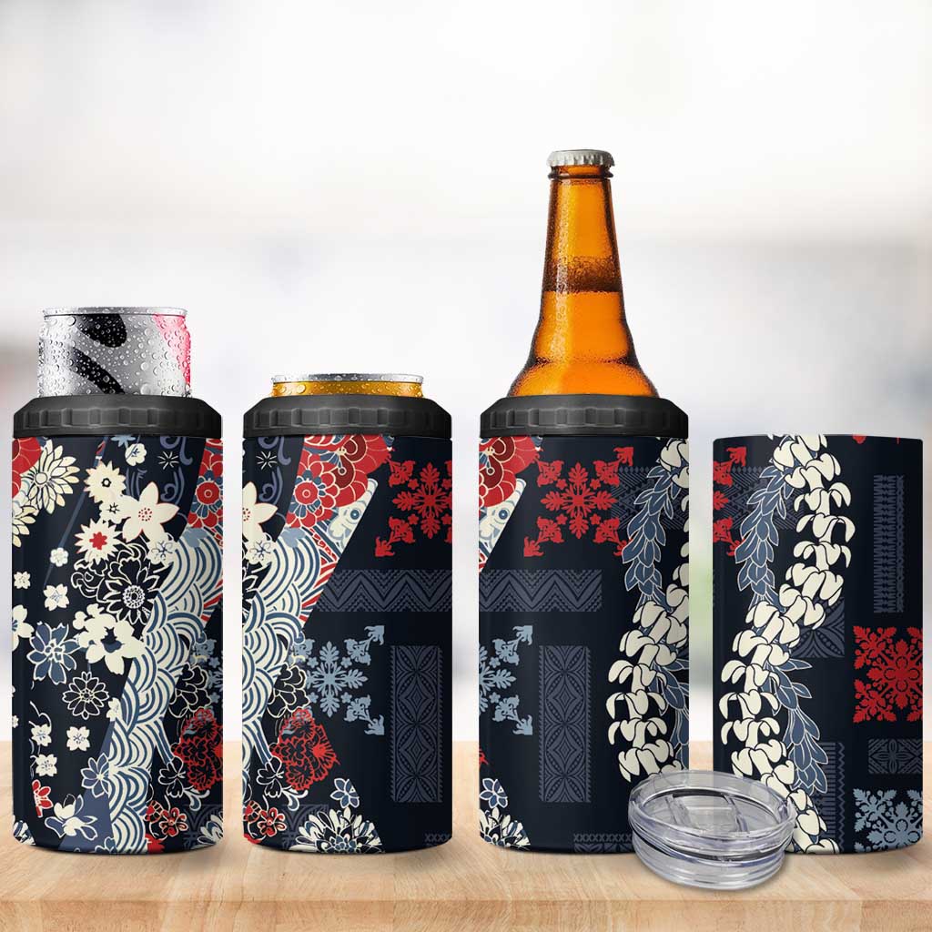 Hawaii Puakenikeni and Maile Lei 4 in 1 Can Cooler Tumbler Navy Blue Japanese Wave Style - Polynesian Pride