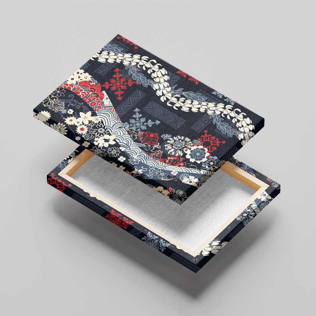 Hawaii Puakenikeni and Maile Lei Canvas Wall Art Navy Blue Japanese Wave Style - Polynesian Pride