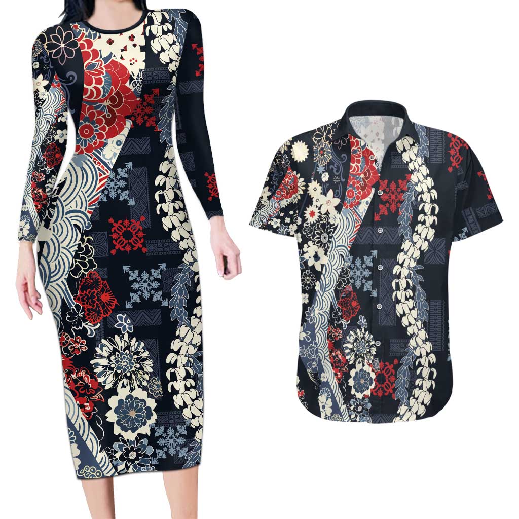 Hawaii Puakenikeni and Maile Lei Couples Matching Long Sleeve Bodycon Dress and Hawaiian Shirt Navy Blue Japanese Wave Style LT9 Navy Blue - Polynesian Pride