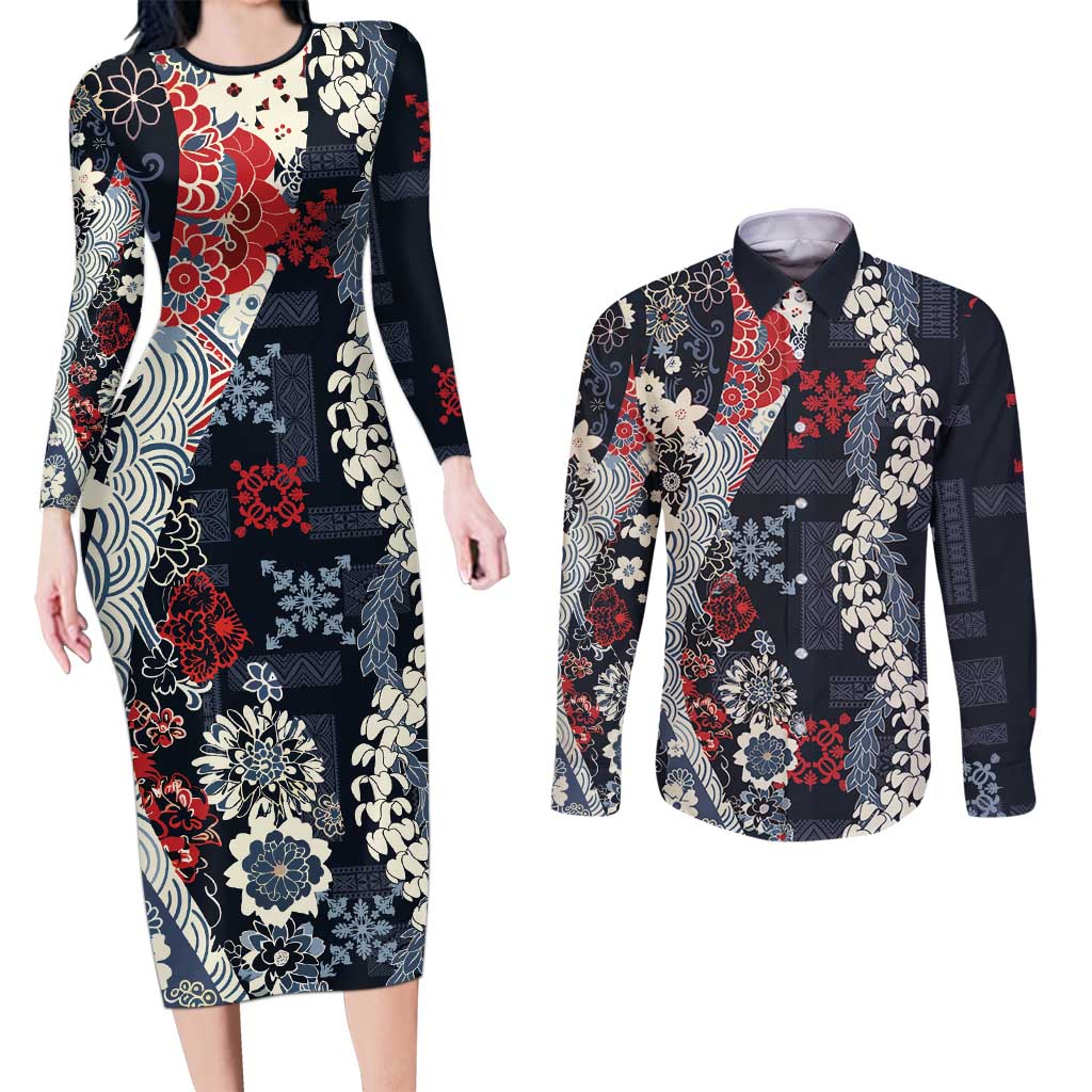 Hawaii Puakenikeni and Maile Lei Couples Matching Long Sleeve Bodycon Dress and Long Sleeve Button Shirt Navy Blue Japanese Wave Style LT9 Navy Blue - Polynesian Pride