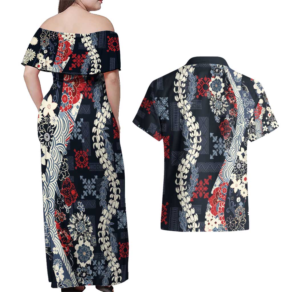 Hawaii Puakenikeni and Maile Lei Couples Matching Off Shoulder Maxi Dress and Hawaiian Shirt Navy Blue Japanese Wave Style LT9 - Polynesian Pride