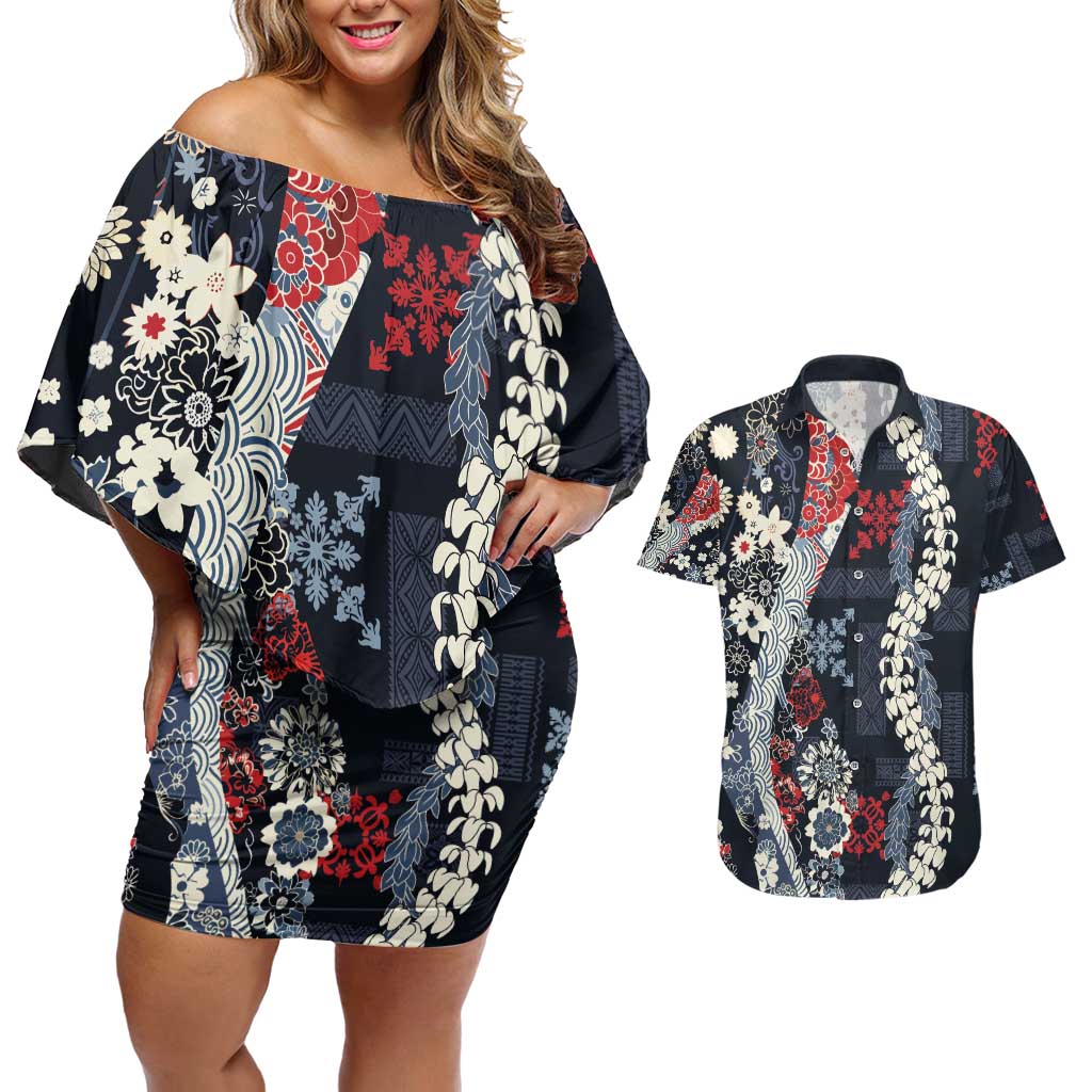 Hawaii Puakenikeni and Maile Lei Couples Matching Off Shoulder Short Dress and Hawaiian Shirt Navy Blue Japanese Wave Style LT9 Navy Blue - Polynesian Pride
