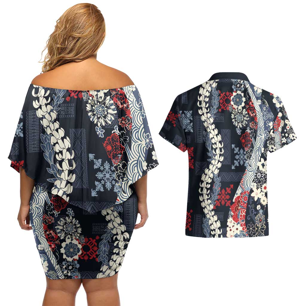 Hawaii Puakenikeni and Maile Lei Couples Matching Off Shoulder Short Dress and Hawaiian Shirt Navy Blue Japanese Wave Style LT9 - Polynesian Pride