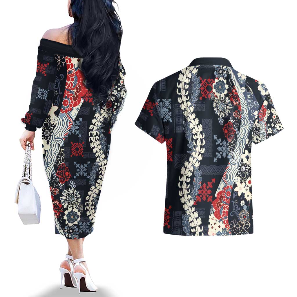 Hawaii Puakenikeni and Maile Lei Couples Matching Off The Shoulder Long Sleeve Dress and Hawaiian Shirt Navy Blue Japanese Wave Style LT9 - Polynesian Pride