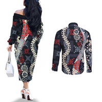 Hawaii Puakenikeni and Maile Lei Couples Matching Off The Shoulder Long Sleeve Dress and Long Sleeve Button Shirt Navy Blue Japanese Wave Style LT9 - Polynesian Pride