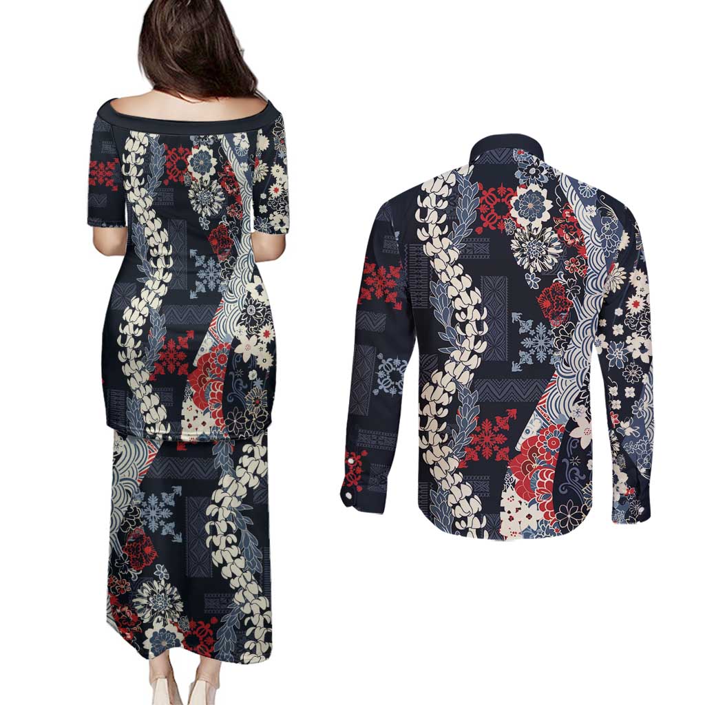 Hawaii Puakenikeni and Maile Lei Couples Matching Puletasi and Long Sleeve Button Shirt Navy Blue Japanese Wave Style - Polynesian Pride