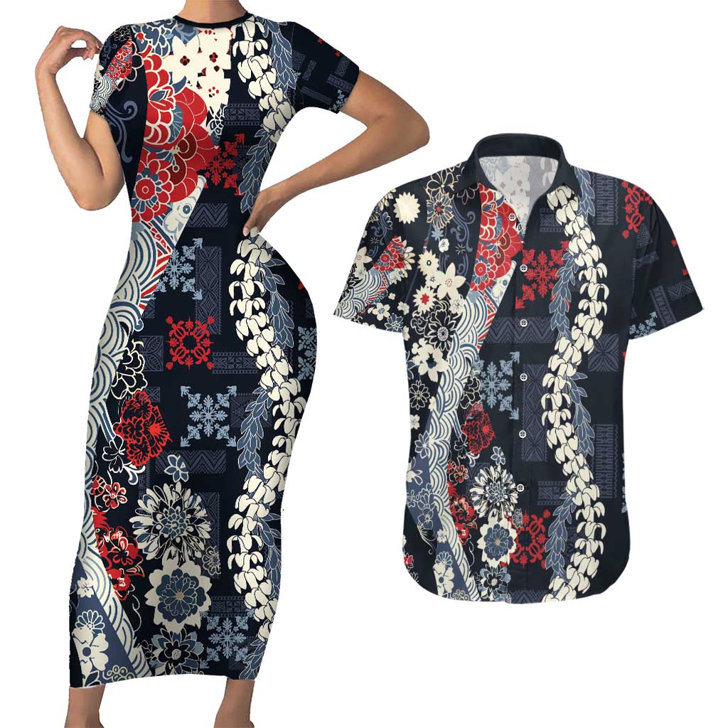 Hawaii Puakenikeni and Maile Lei Couples Matching Short Sleeve Bodycon Dress and Hawaiian Shirt Navy Blue Japanese Wave Style LT9 Navy Blue - Polynesian Pride