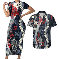 Hawaii Puakenikeni and Maile Lei Couples Matching Short Sleeve Bodycon Dress and Hawaiian Shirt Navy Blue Japanese Wave Style LT9 Navy Blue - Polynesian Pride