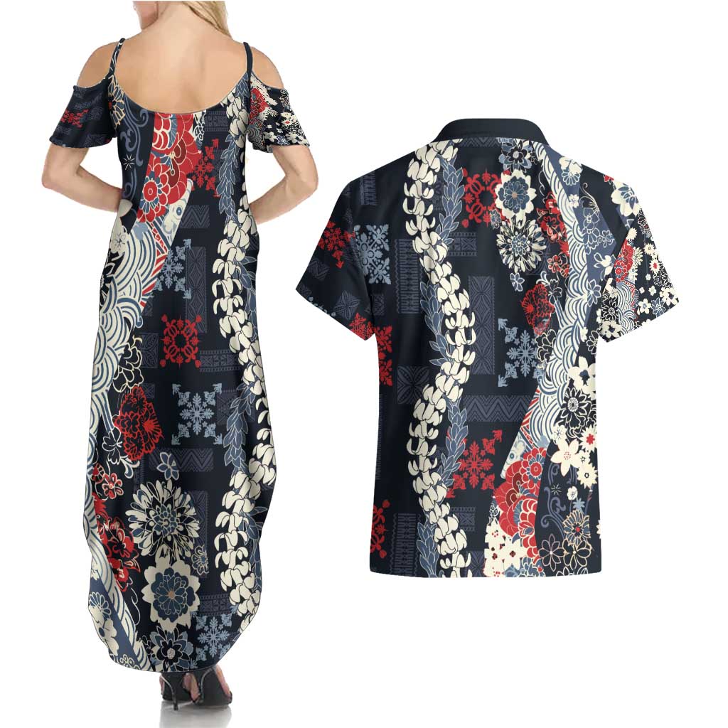 Hawaii Puakenikeni and Maile Lei Couples Matching Summer Maxi Dress and Hawaiian Shirt Navy Blue Japanese Wave Style - Polynesian Pride