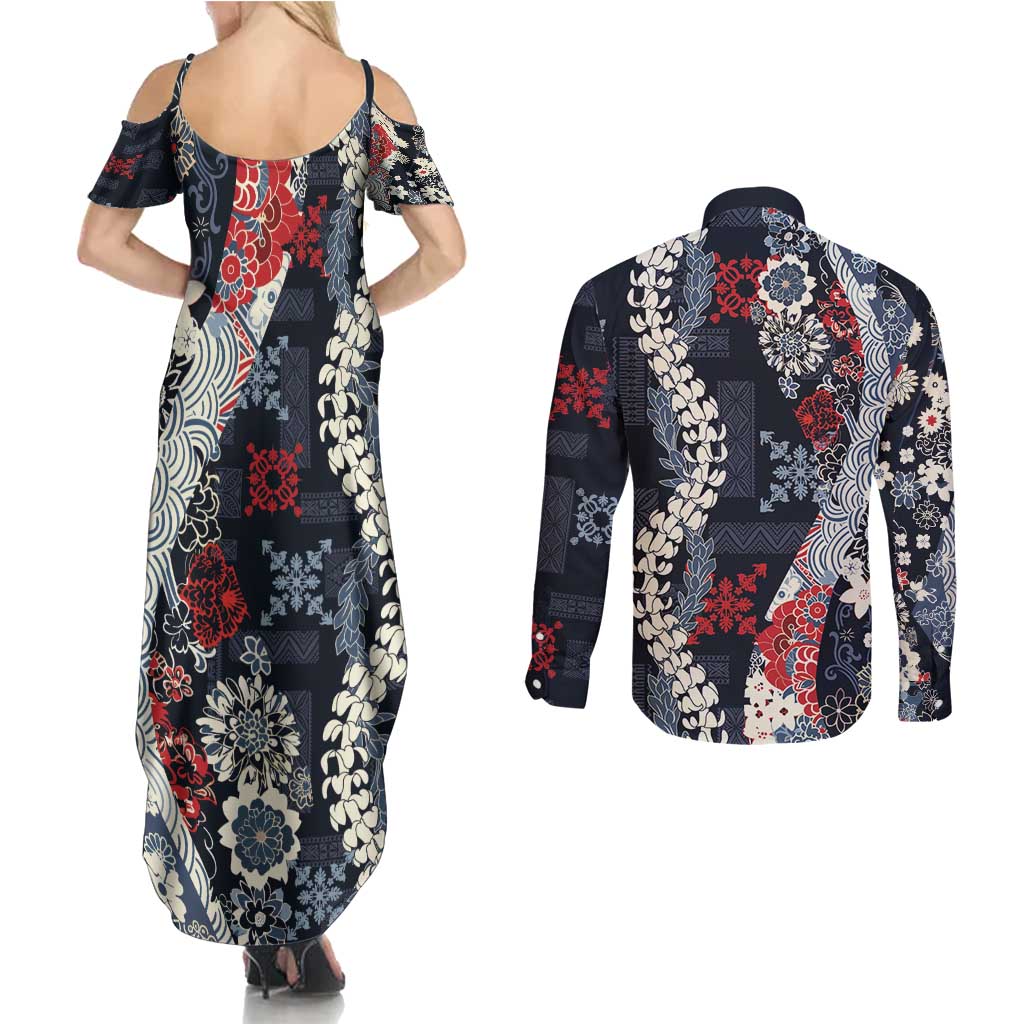 Hawaii Puakenikeni and Maile Lei Couples Matching Summer Maxi Dress and Long Sleeve Button Shirt Navy Blue Japanese Wave Style - Polynesian Pride