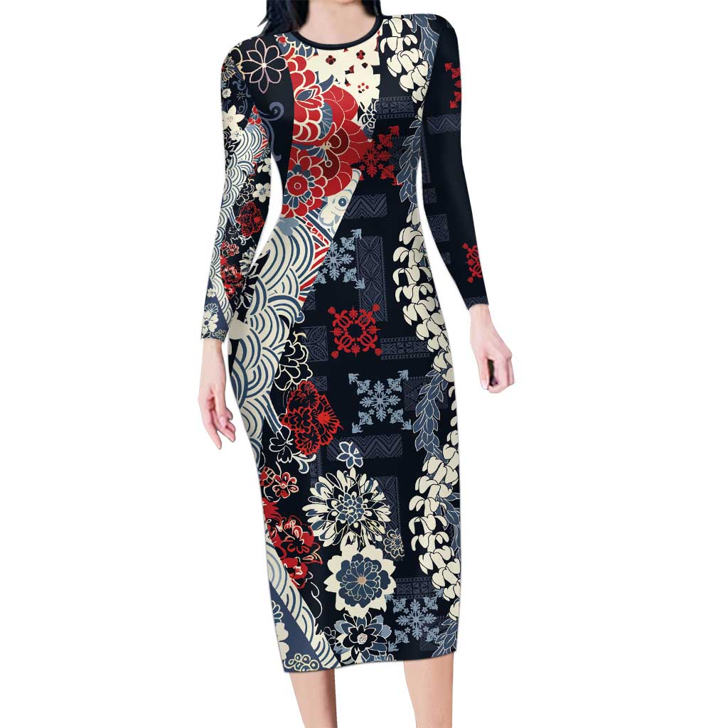 Hawaii Puakenikeni and Maile Lei Family Matching Long Sleeve Bodycon Dress and Hawaiian Shirt Navy Blue Japanese Wave Style LT9 Mom's Dress Navy Blue - Polynesian Pride