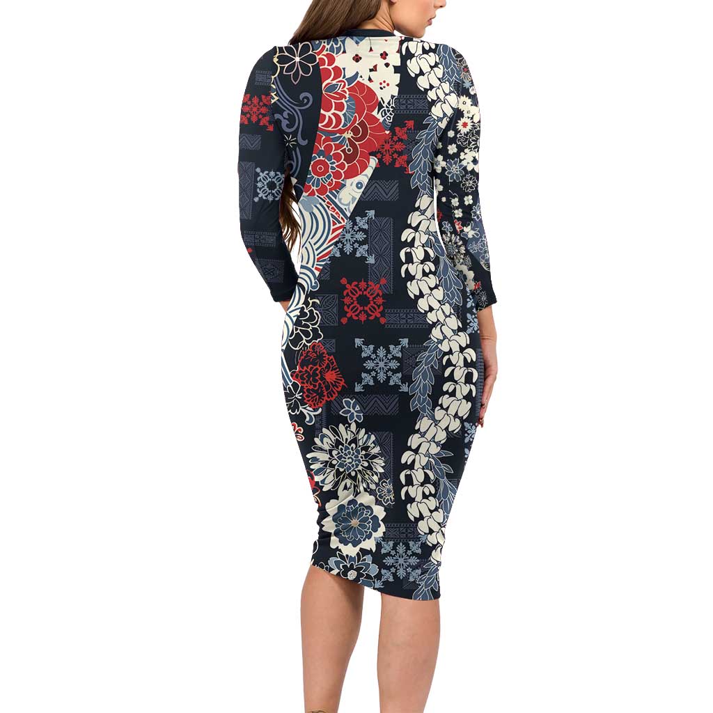 Hawaii Puakenikeni and Maile Lei Family Matching Long Sleeve Bodycon Dress and Hawaiian Shirt Navy Blue Japanese Wave Style LT9 - Polynesian Pride