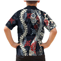 Hawaii Puakenikeni and Maile Lei Family Matching Mermaid Dress and Hawaiian Shirt Navy Blue Japanese Wave Style LT9 - Polynesian Pride