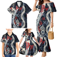 Hawaii Puakenikeni and Maile Lei Family Matching Mermaid Dress and Hawaiian Shirt Navy Blue Japanese Wave Style LT9 - Polynesian Pride