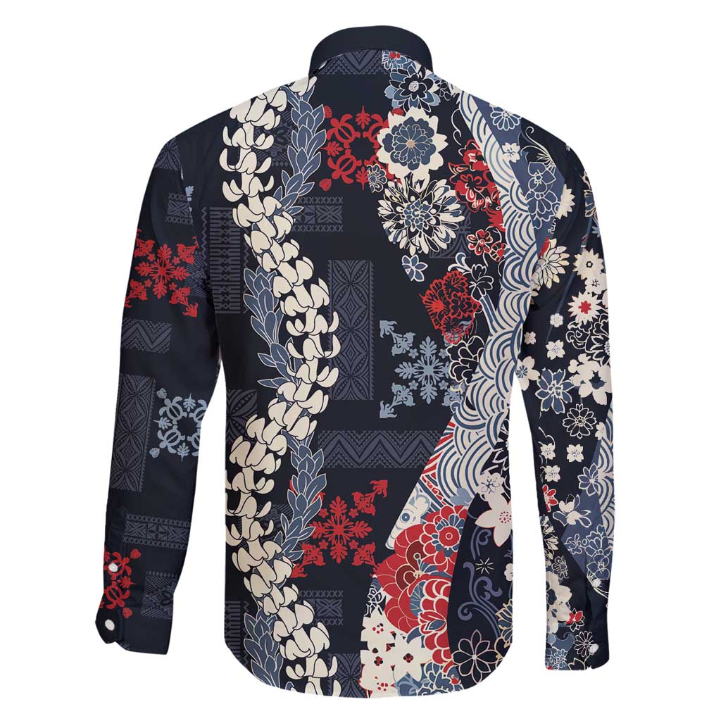Hawaii Puakenikeni and Maile Lei Family Matching Mermaid Dress and Hawaiian Shirt Navy Blue Japanese Wave Style LT9 - Polynesian Pride