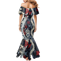 Hawaii Puakenikeni and Maile Lei Family Matching Mermaid Dress and Hawaiian Shirt Navy Blue Japanese Wave Style LT9 - Polynesian Pride