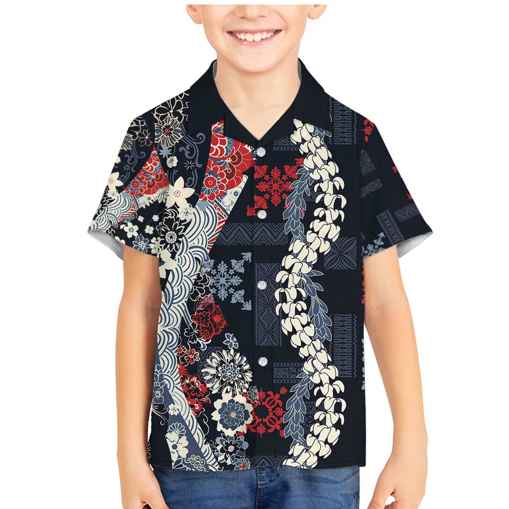 Hawaii Puakenikeni and Maile Lei Family Matching Mermaid Dress and Hawaiian Shirt Navy Blue Japanese Wave Style LT9 Son's Shirt Navy Blue - Polynesian Pride