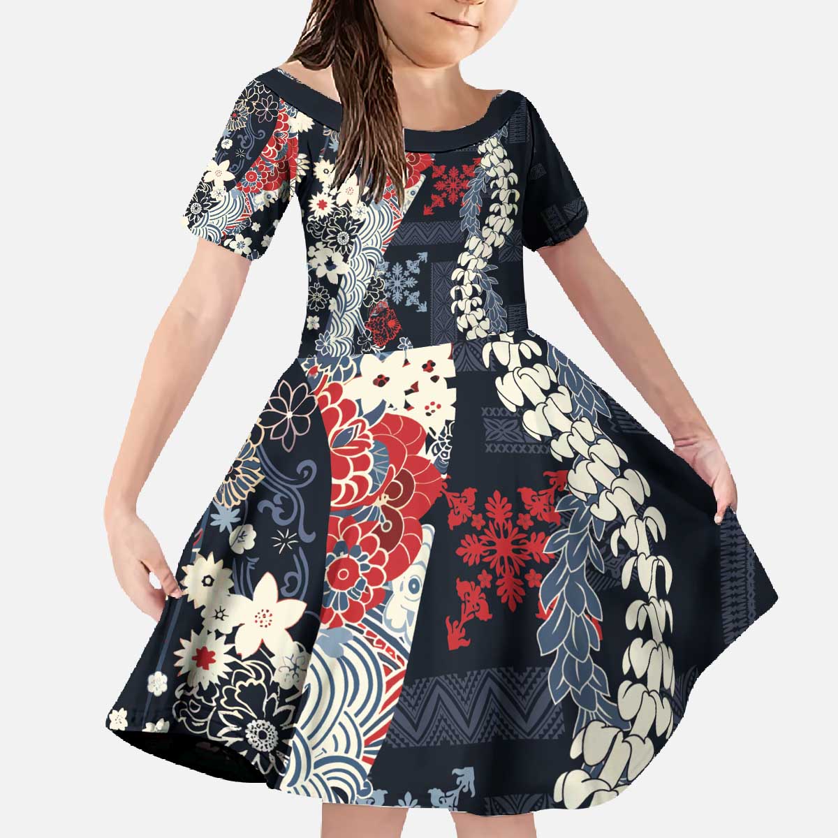 Hawaii Puakenikeni and Maile Lei Family Matching Off The Shoulder Long Sleeve Dress and Hawaiian Shirt Navy Blue Japanese Wave Style LT9 Daughter's Dress Navy Blue - Polynesian Pride