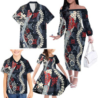 Hawaii Puakenikeni and Maile Lei Family Matching Off The Shoulder Long Sleeve Dress and Hawaiian Shirt Navy Blue Japanese Wave Style LT9 - Polynesian Pride