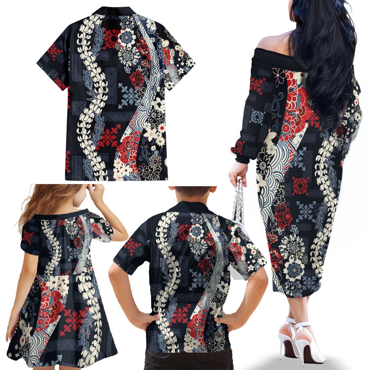 Hawaii Puakenikeni and Maile Lei Family Matching Off The Shoulder Long Sleeve Dress and Hawaiian Shirt Navy Blue Japanese Wave Style LT9 - Polynesian Pride