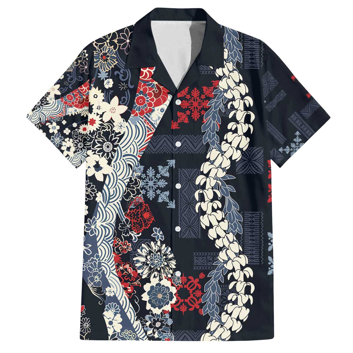 Hawaii Puakenikeni and Maile Lei Family Matching Off The Shoulder Long Sleeve Dress and Hawaiian Shirt Navy Blue Japanese Wave Style LT9 Dad's Shirt - Short Sleeve Navy Blue - Polynesian Pride