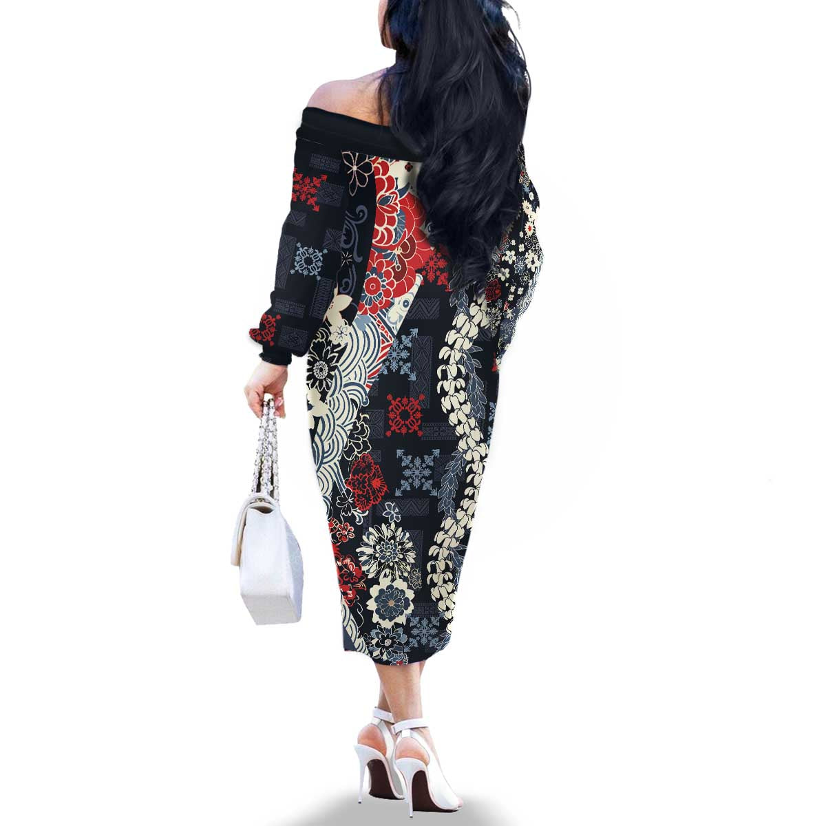 Hawaii Puakenikeni and Maile Lei Family Matching Off The Shoulder Long Sleeve Dress and Hawaiian Shirt Navy Blue Japanese Wave Style LT9 - Polynesian Pride