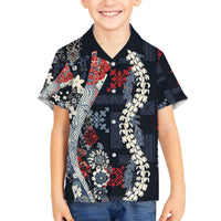 Hawaii Puakenikeni and Maile Lei Family Matching Off The Shoulder Long Sleeve Dress and Hawaiian Shirt Navy Blue Japanese Wave Style LT9 Son's Shirt Navy Blue - Polynesian Pride