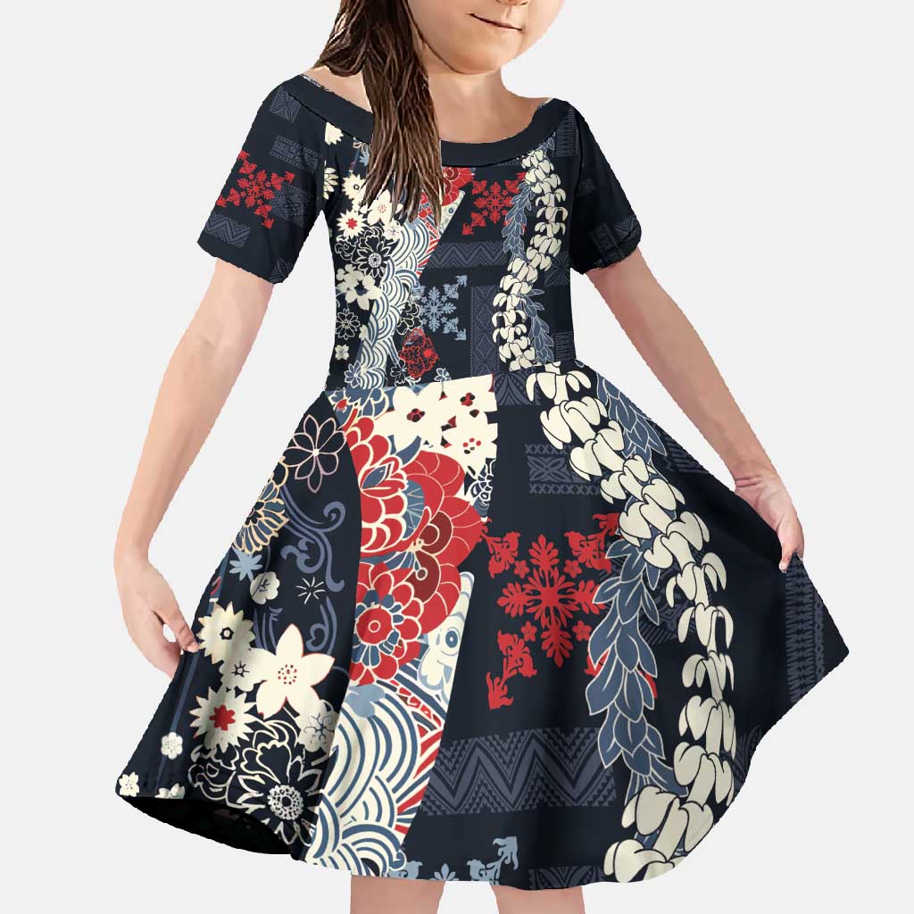 Hawaii Puakenikeni and Maile Lei Family Matching Off Shoulder Maxi Dress and Hawaiian Shirt Navy Blue Japanese Wave Style LT9 Daughter's Dress Navy Blue - Polynesian Pride